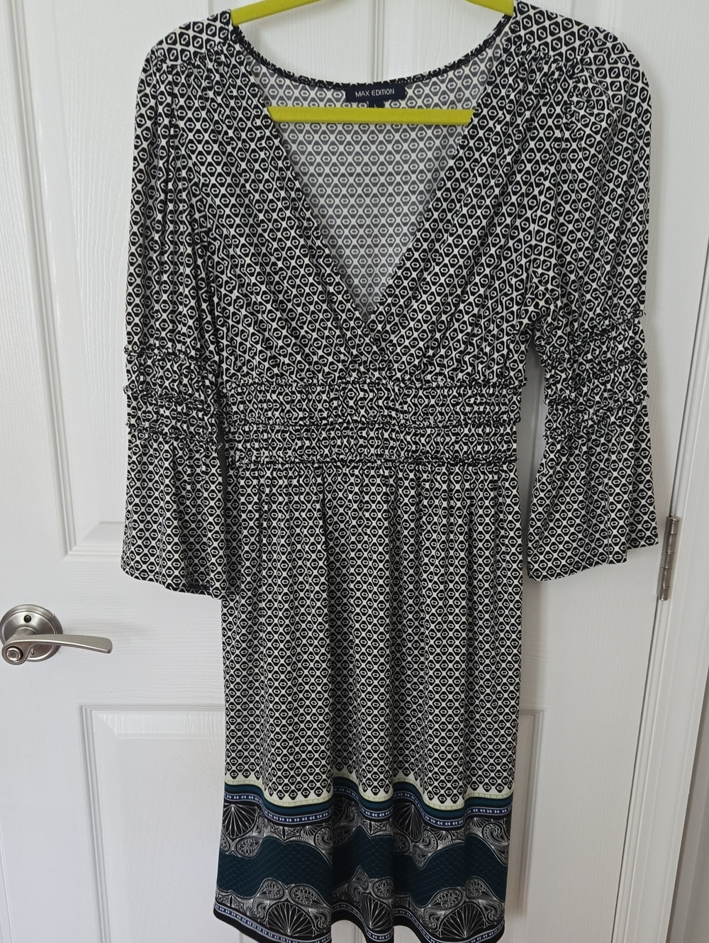 Max Edition Black & White Printed V-Neck Smocked-Waist Dress with Navy Border
